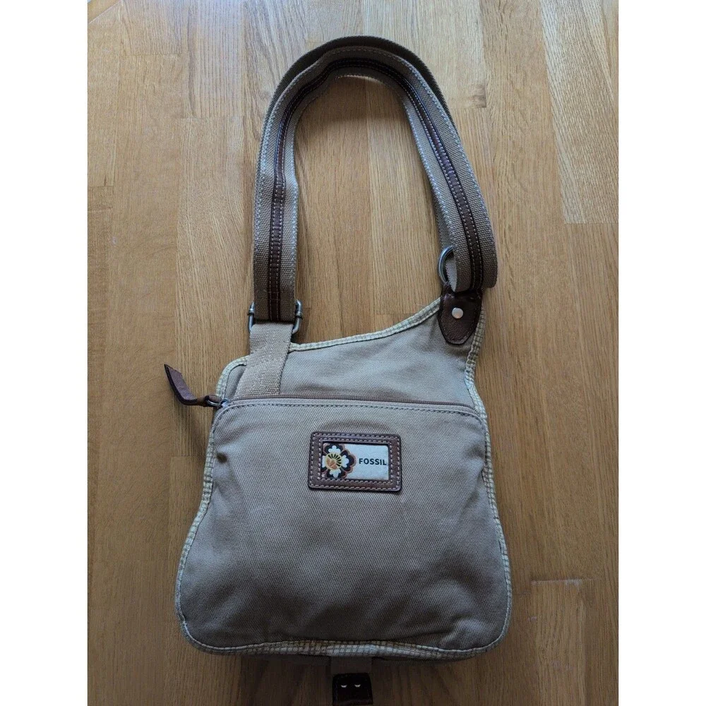 Vintage Y2K Fossil Canvas Crossbody Bag Khaki Tan Utility Messenger Purse Small